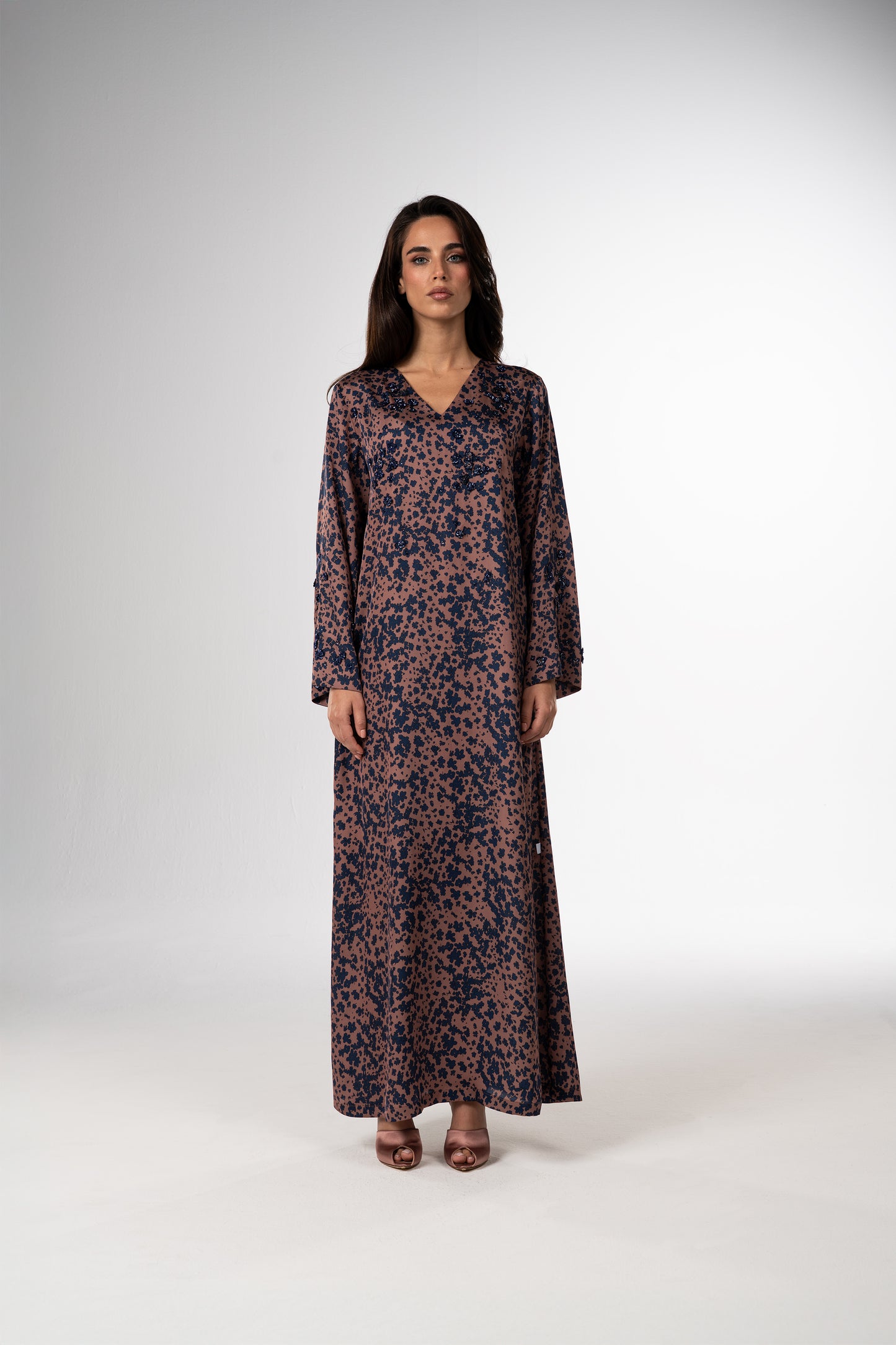 Vintage Rose Italian Twill Caftan with Hand-Beaded Navy Florals