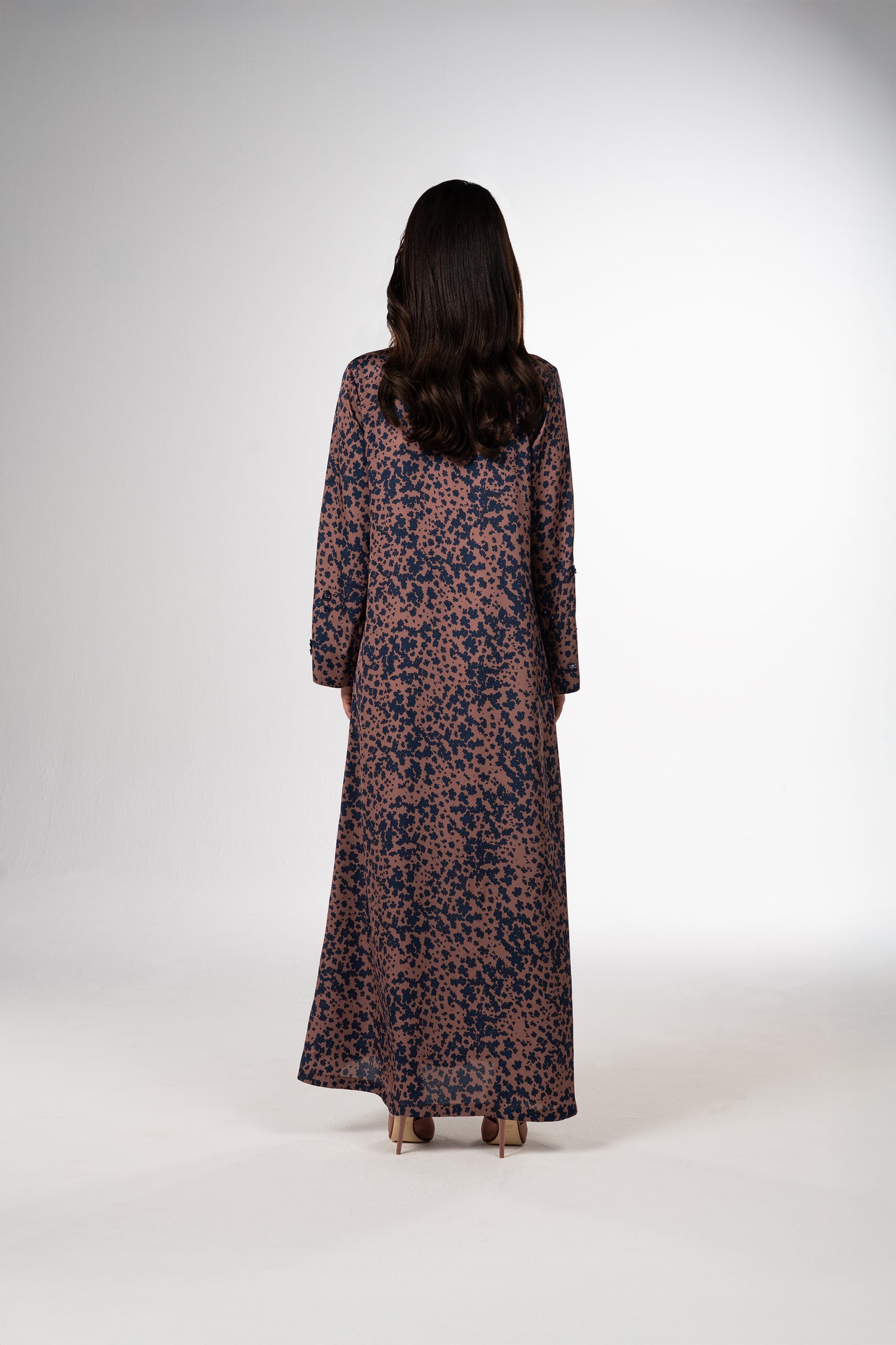 Vintage Rose Italian Twill Caftan with Hand-Beaded Navy Florals back