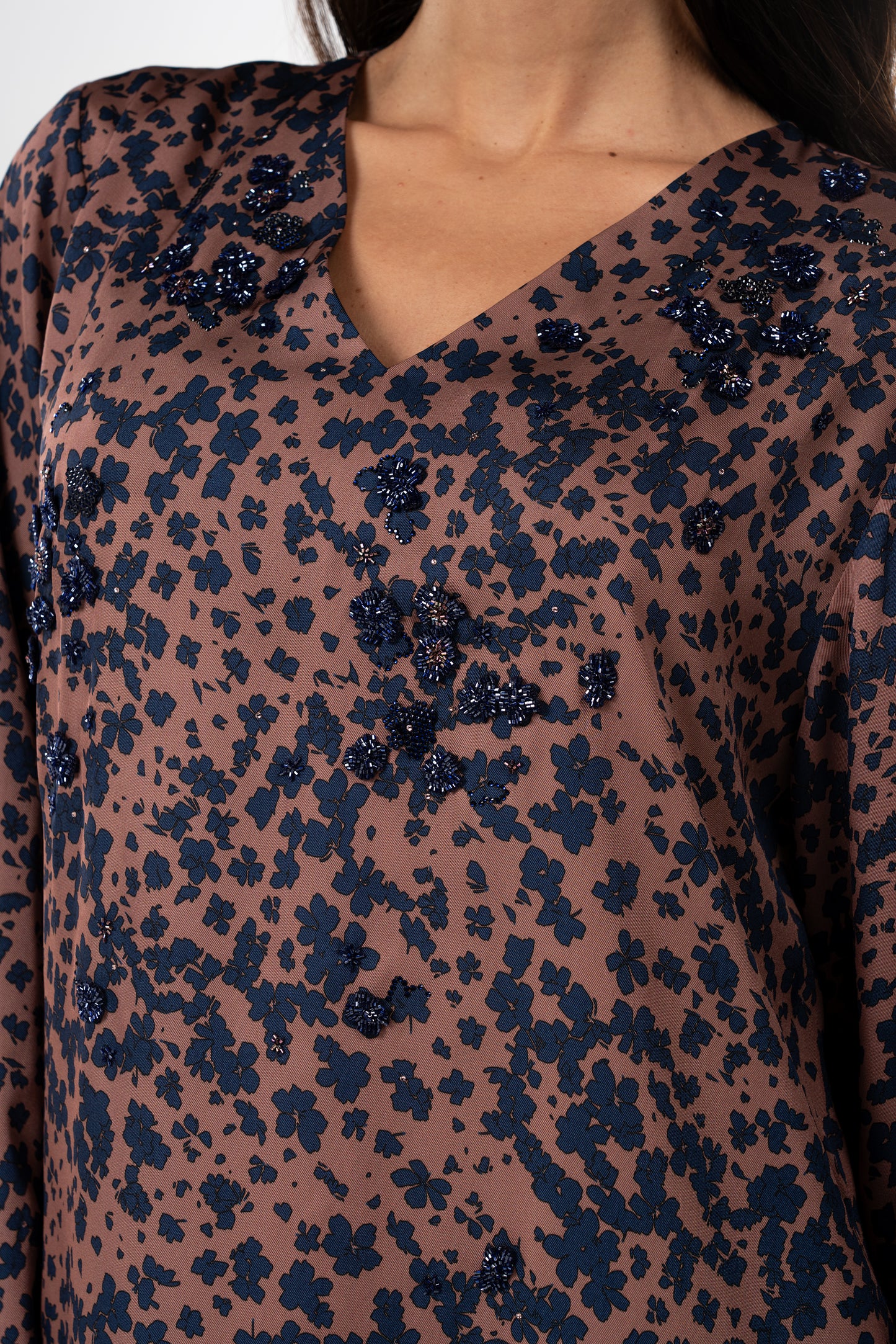 Vintage Rose Italian Twill Caftan with Hand-Beaded Navy Florals close up
