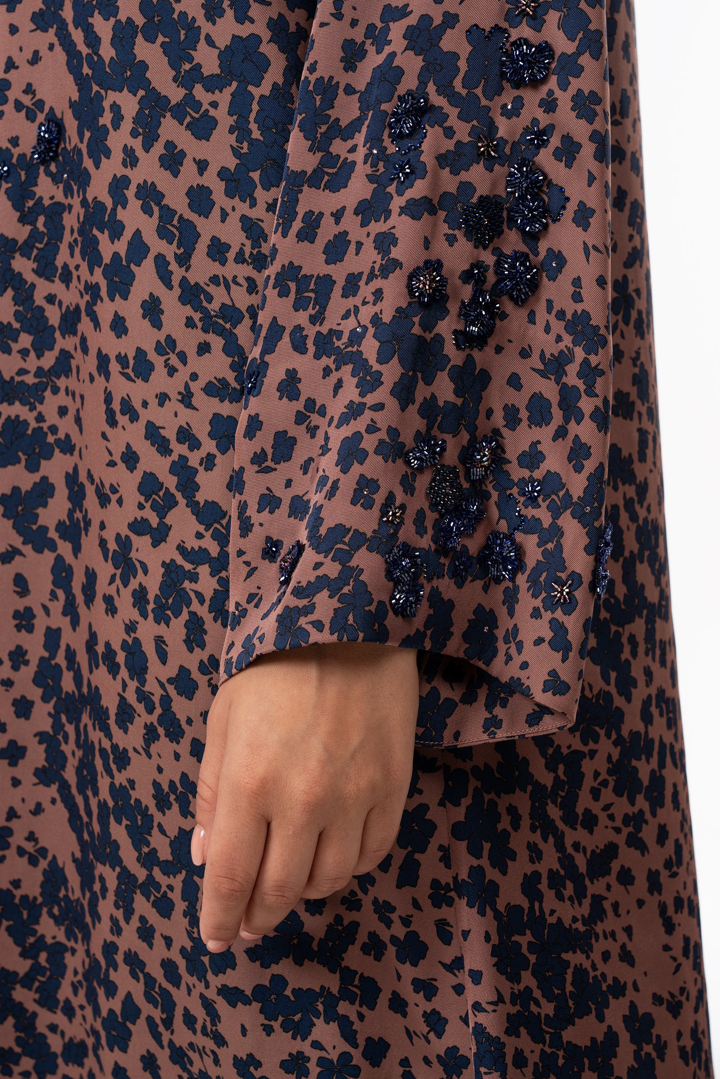 Vintage Rose Italian Twill Caftan with Hand-Beaded Navy Florals close up 2