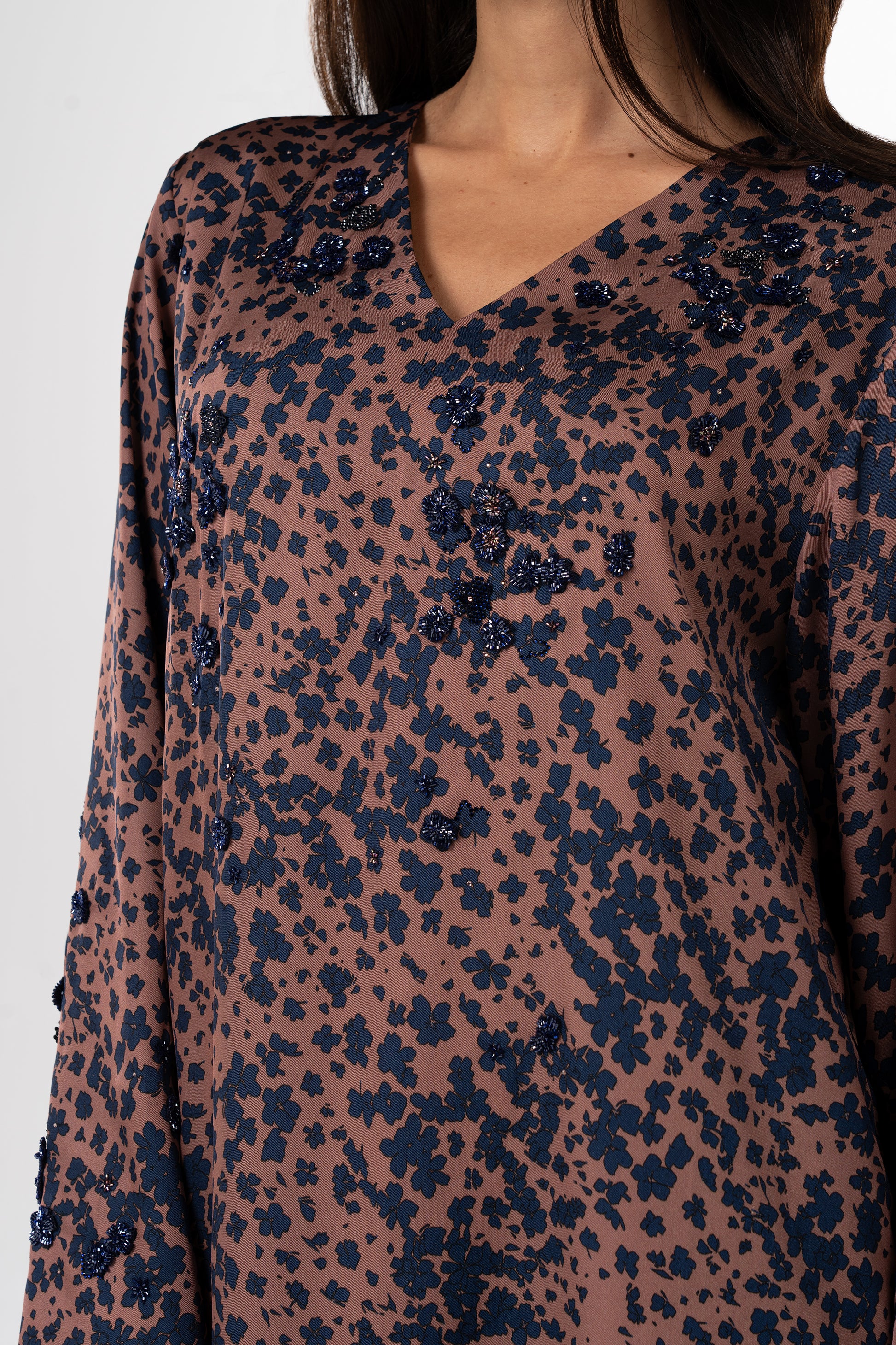 Vintage Rose Italian Twill Caftan with Hand-Beaded Navy Florals close up 3