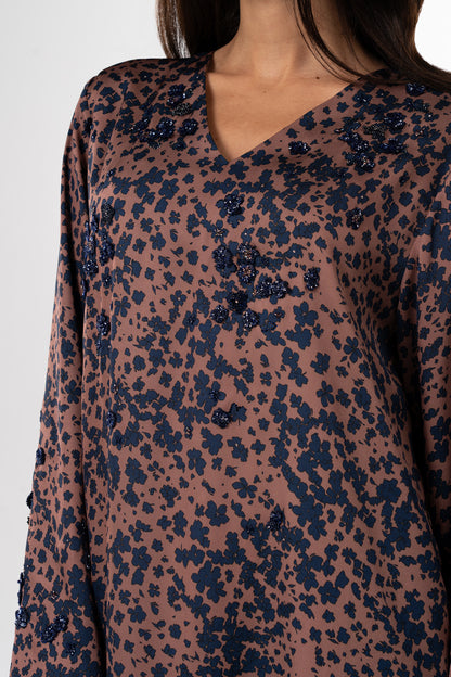 Vintage Rose Italian Twill Caftan with Hand-Beaded Navy Florals close up 3