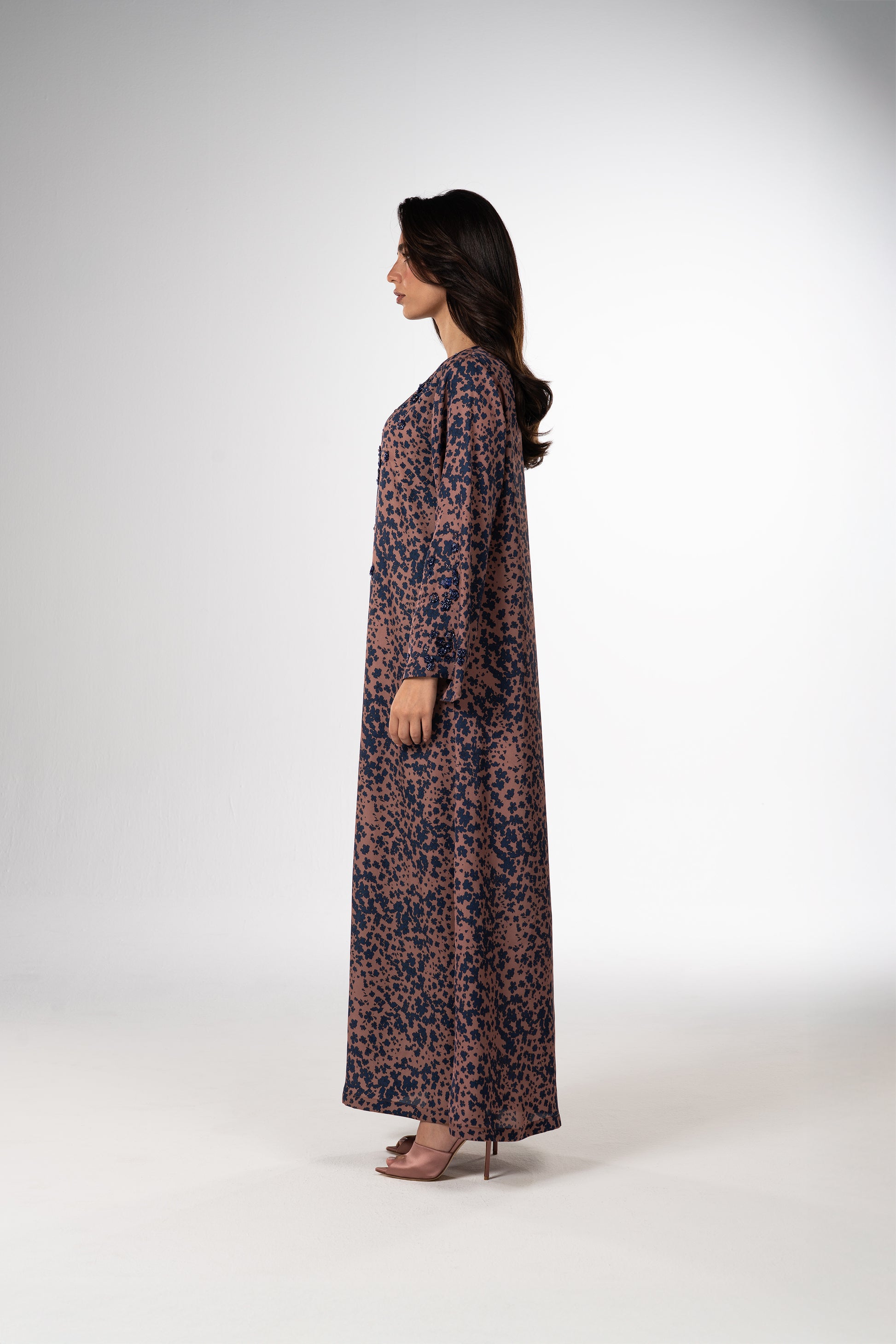 Vintage Rose Italian Twill Caftan with Hand-Beaded Navy Florals side