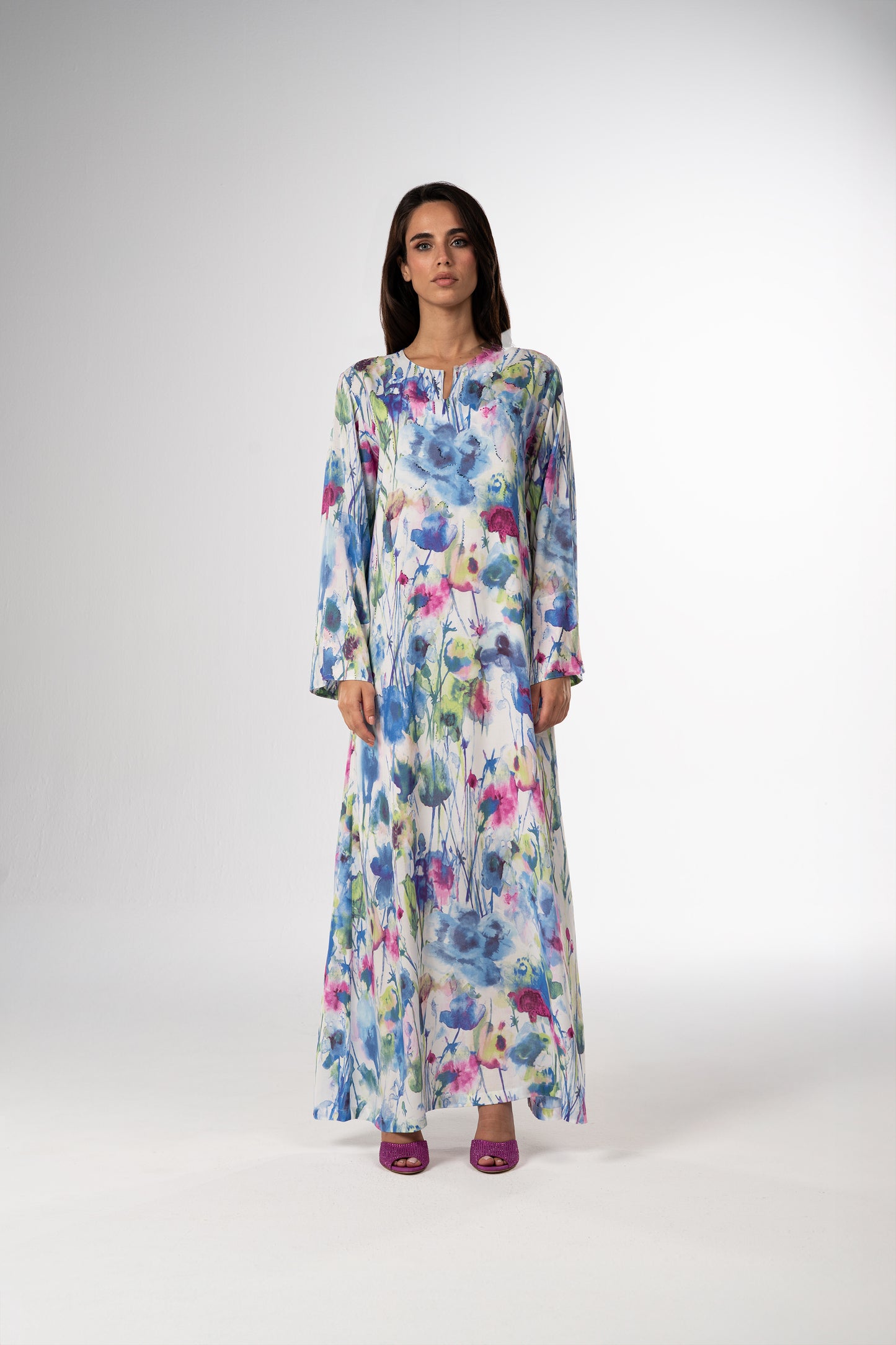 Watercolor Bloom Italian Satin Caftan with Hand Embellished Details