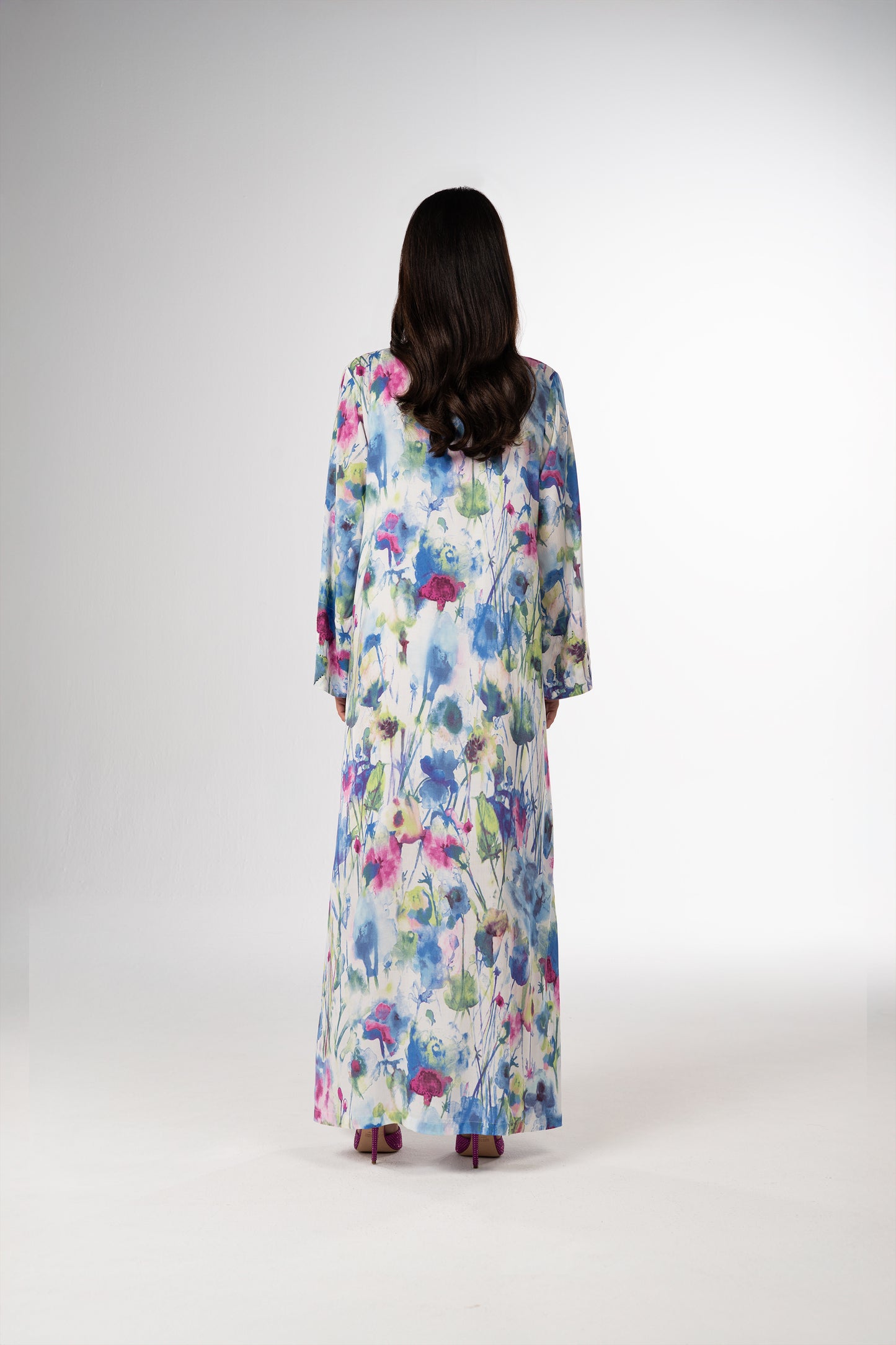Watercolor Bloom Italian Satin Caftan with Hand Embellished Details back