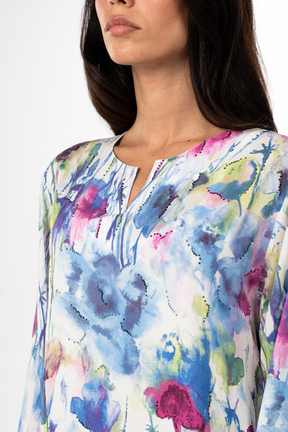 Watercolor Bloom Italian Satin Caftan with Hand Embellished Details close up