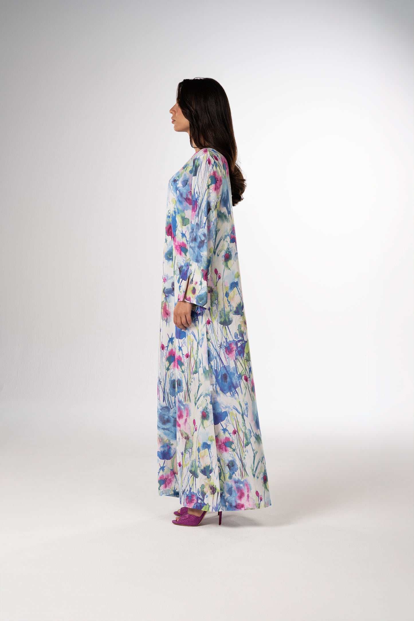 Watercolor Bloom Italian Satin Caftan with Hand Embellished Details side