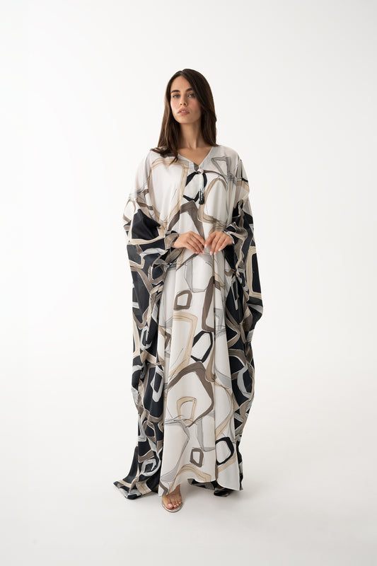 Black and Off-White Color Block Italian Silk Viscose Caftan - House of Caftan