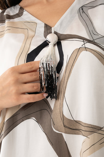 Black and Off-White Color Block Italian Silk Viscose Caftan - House of Caftan
