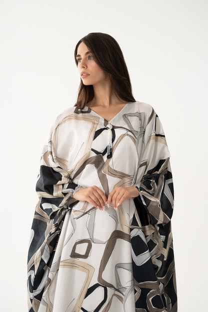 Black and Off-White Color Block Italian Silk Viscose Caftan - House of Caftan