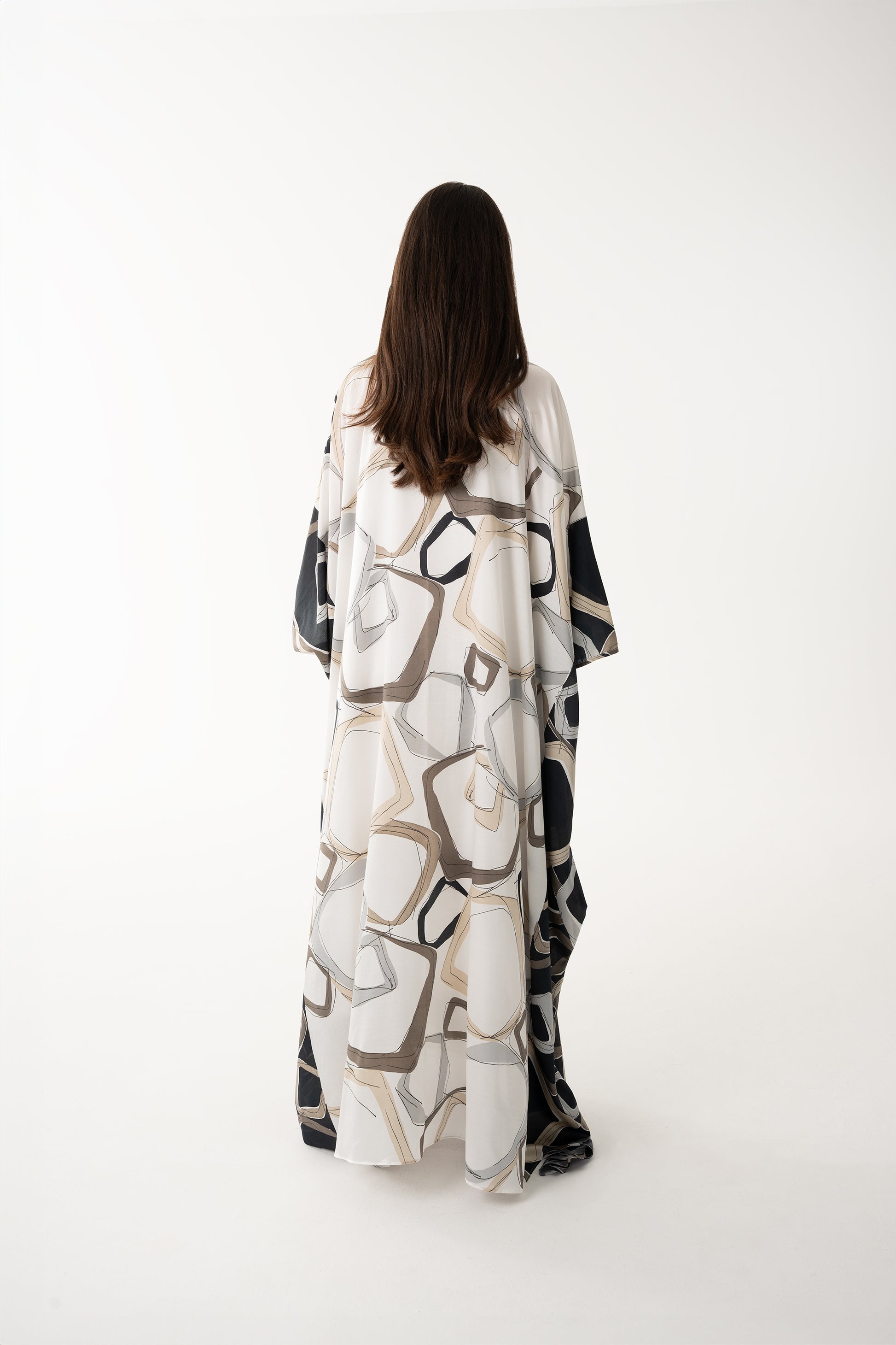 Black and Off-White Color Block Italian Silk Viscose Caftan - House of Caftan