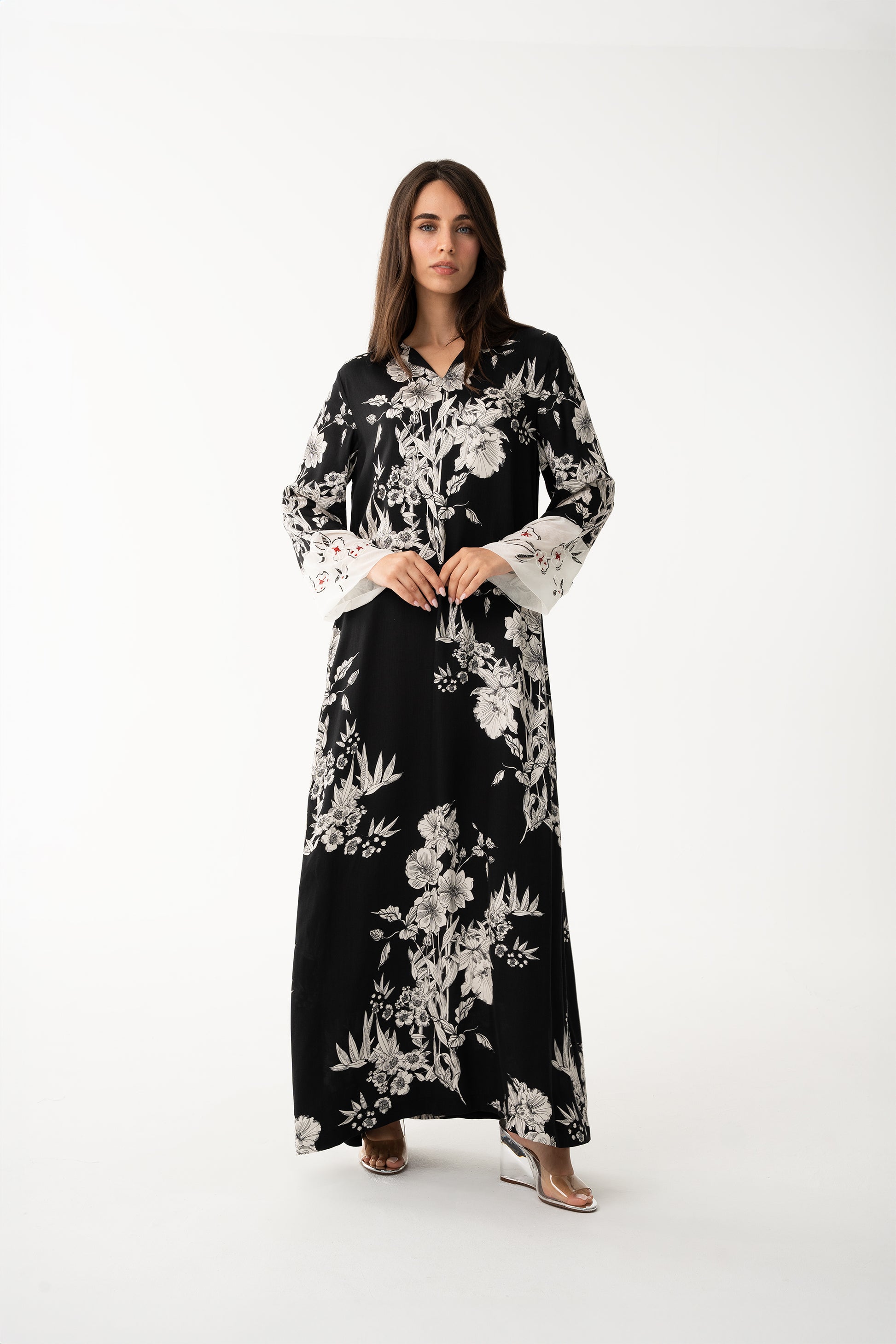 Black Floral Italian Viscose Caftan - House of Caftan
