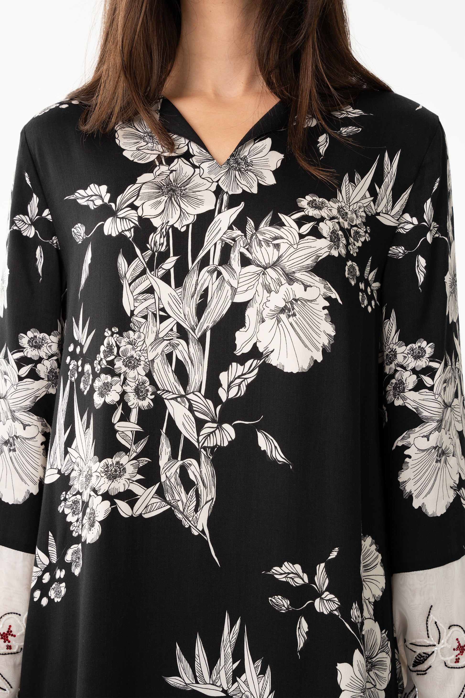 Black Floral Italian Viscose Caftan - House of Caftan