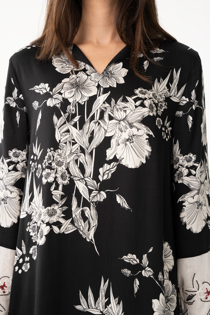 Black Floral Italian Viscose Caftan - House of Caftan