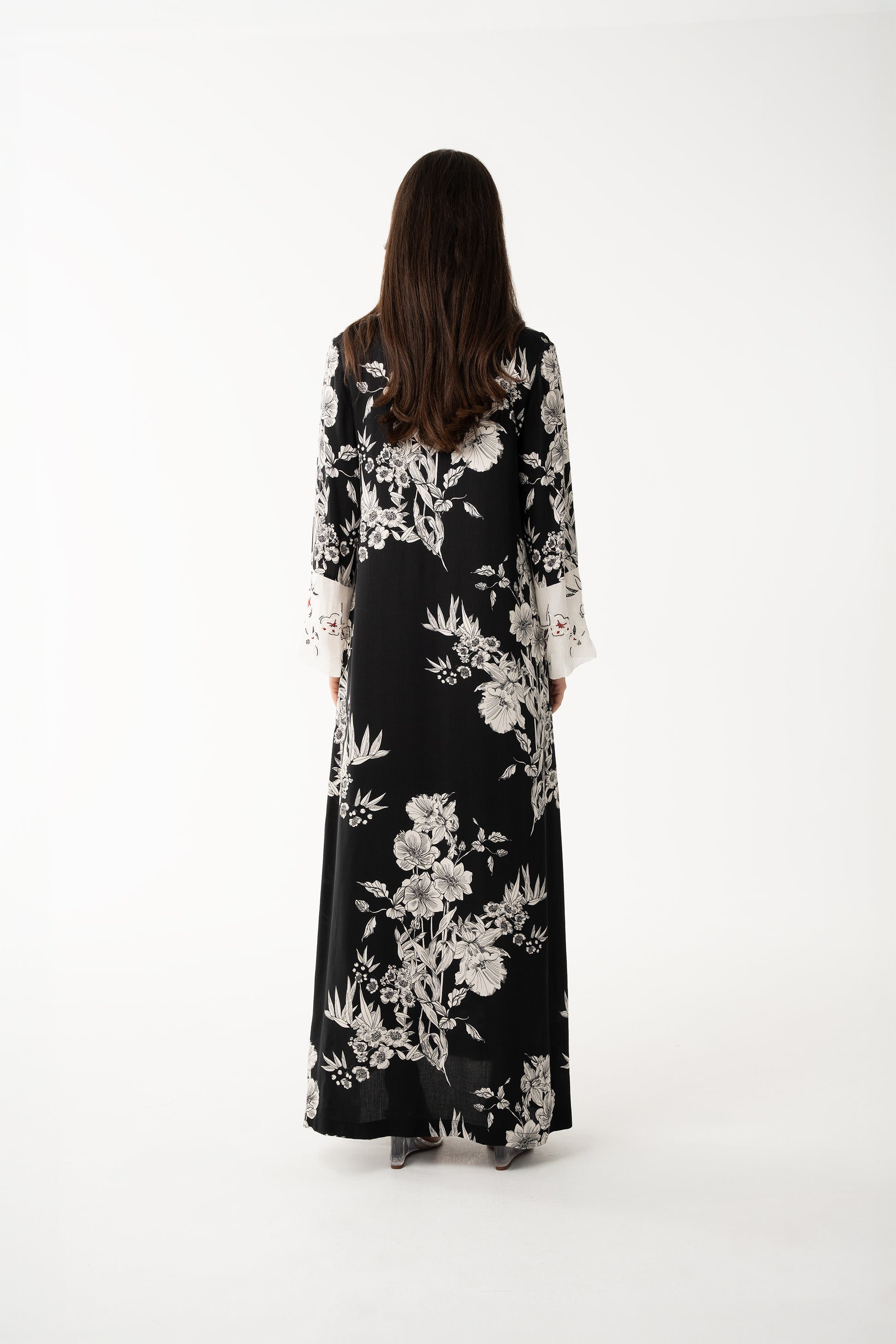 Black Floral Italian Viscose Caftan - House of Caftan