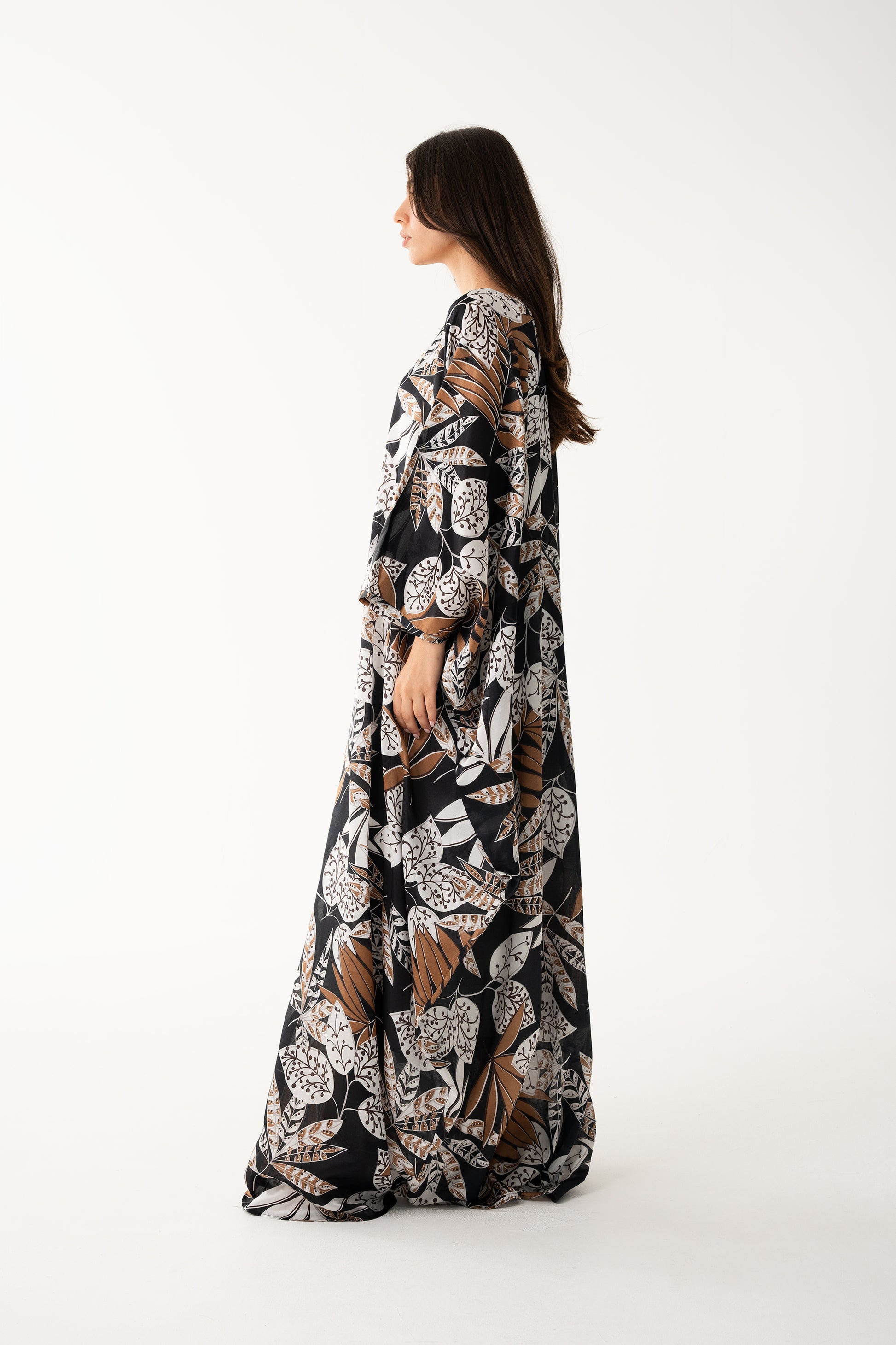 Black Tribal Motif Italian Silk Viscose Caftan - House of Caftan