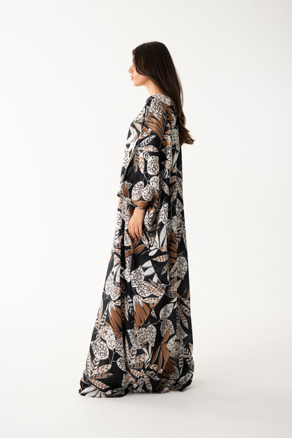 Black Tribal Motif Italian Silk Viscose Caftan - House of Caftan