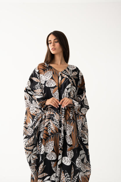 Black Tribal Motif Italian Silk Viscose Caftan - House of Caftan