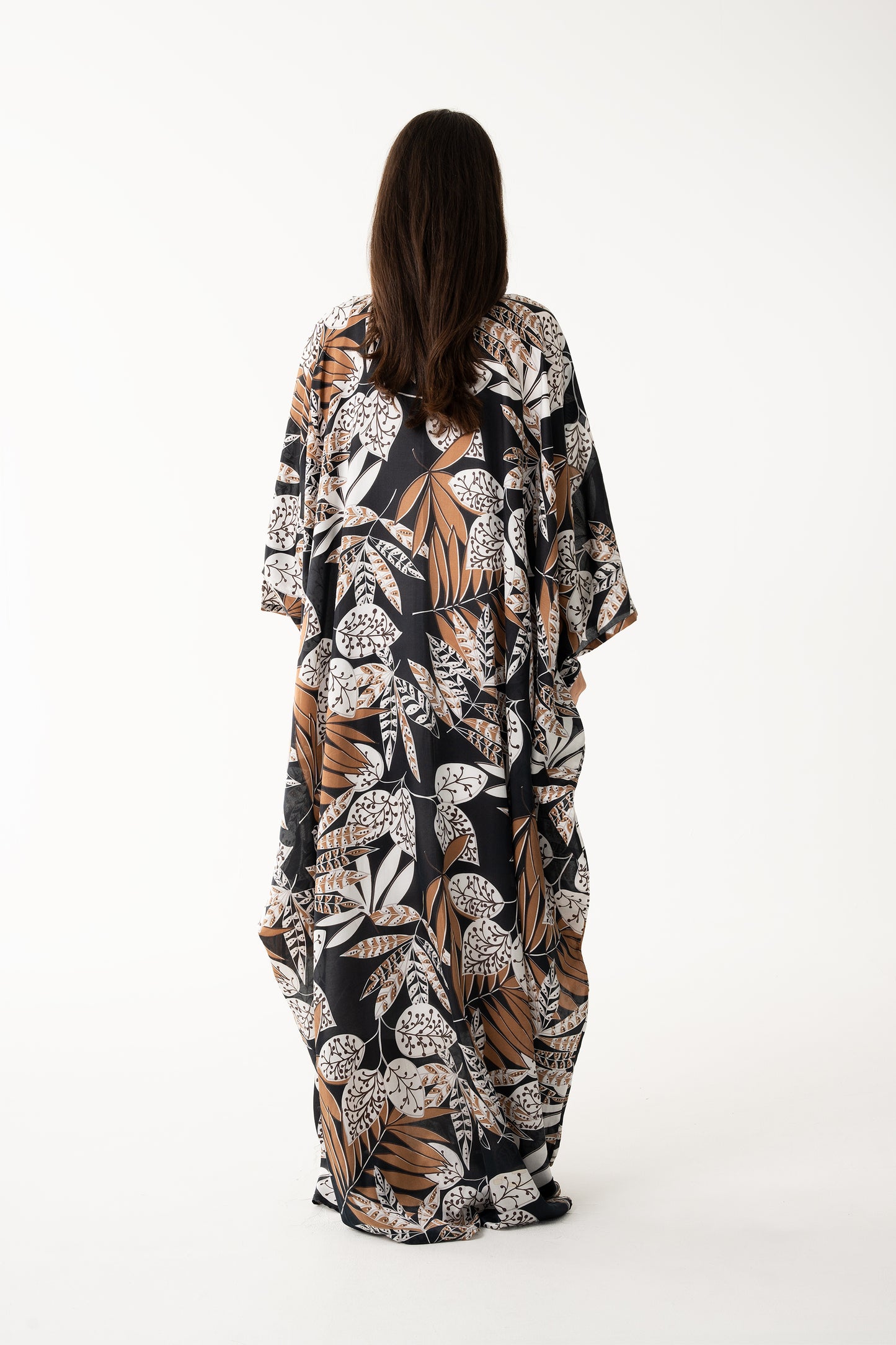 Black Tribal Motif Italian Silk Viscose Caftan - House of Caftan
