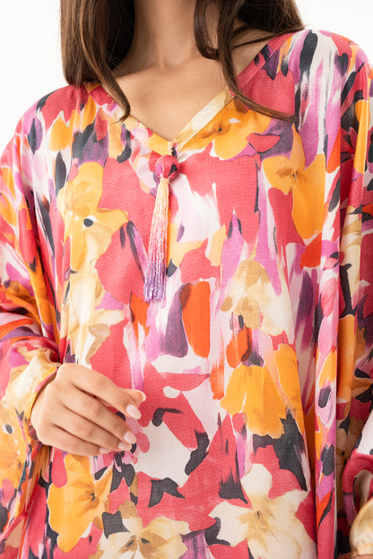 Bright Red Floral Italian Silk Viscose Caftan - House of Caftan