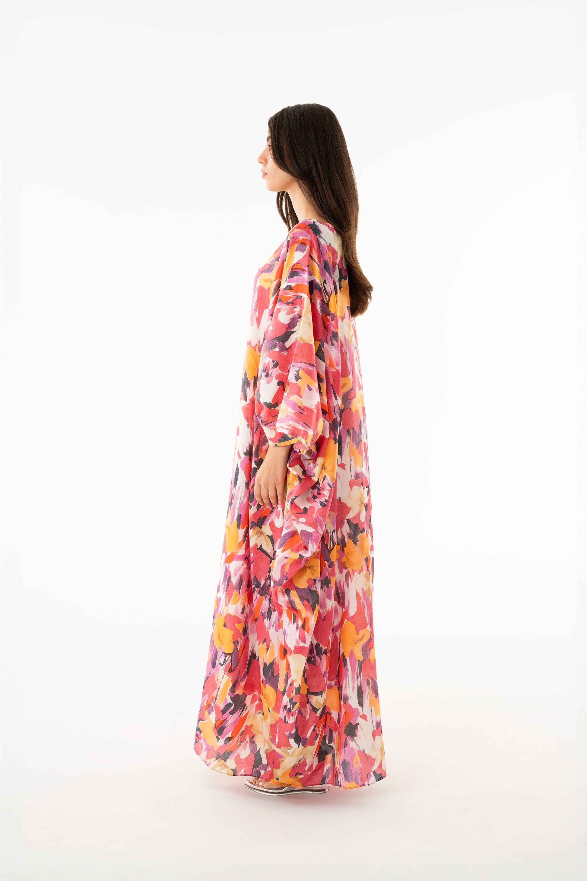 Bright Red Floral Italian Silk Viscose Caftan - House of Caftan