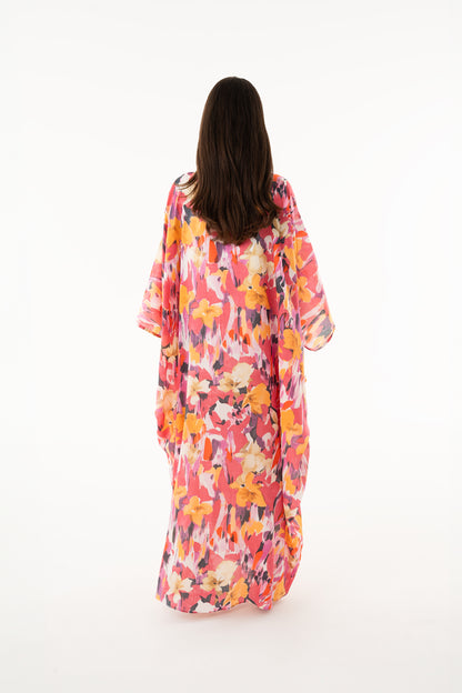 Bright Red Floral Italian Silk Viscose Caftan - House of Caftan