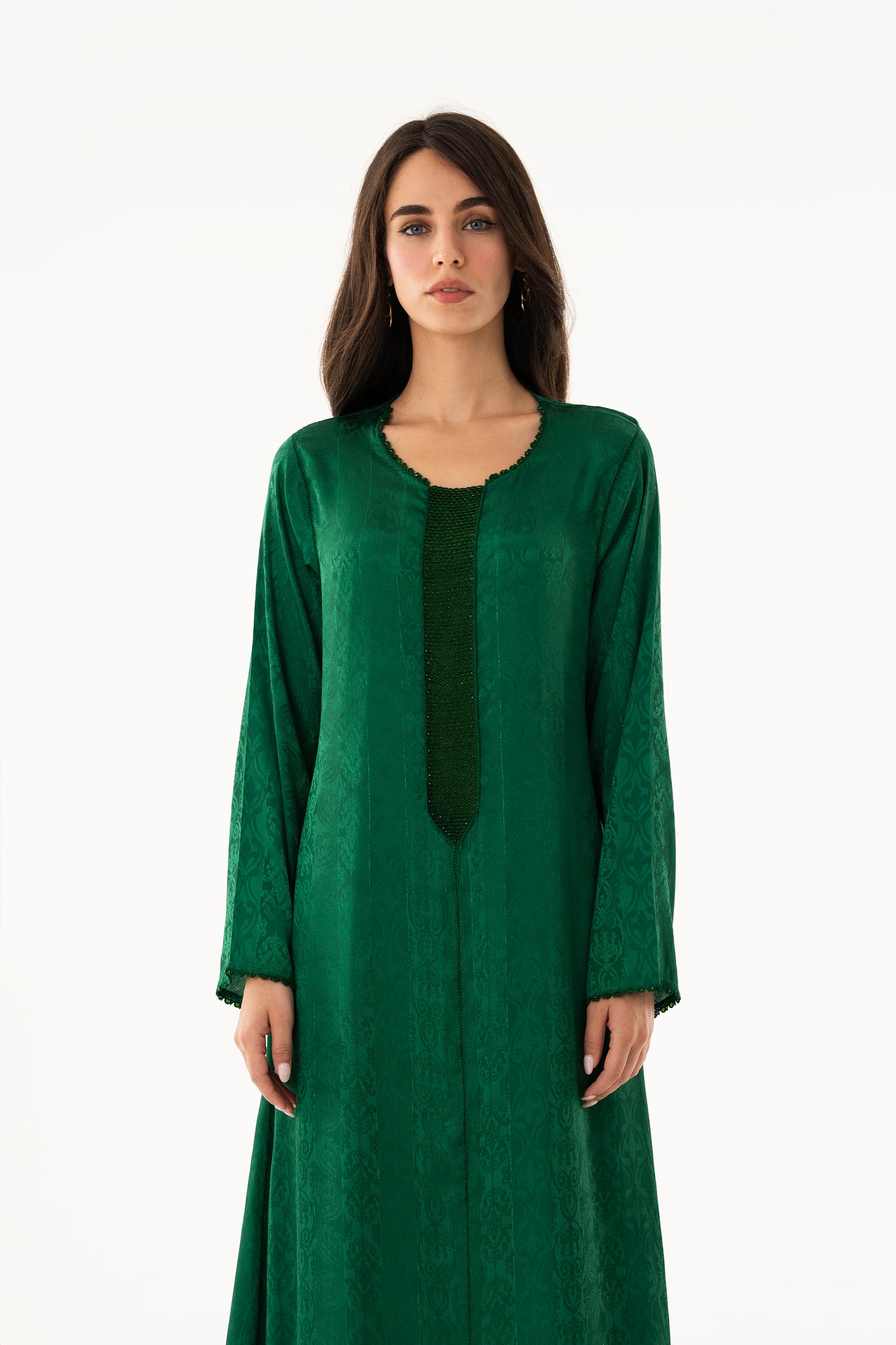 Emerald Green Handmade Caftan with Emerald Green Beads - House of Caftan
