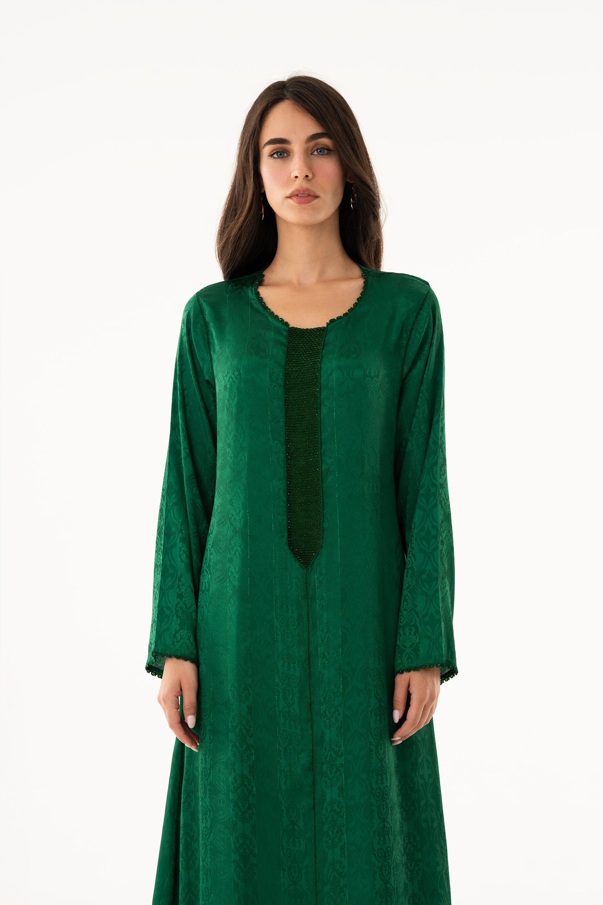 Emerald Green Handmade Caftan with Emerald Green Beads - House of Caftan