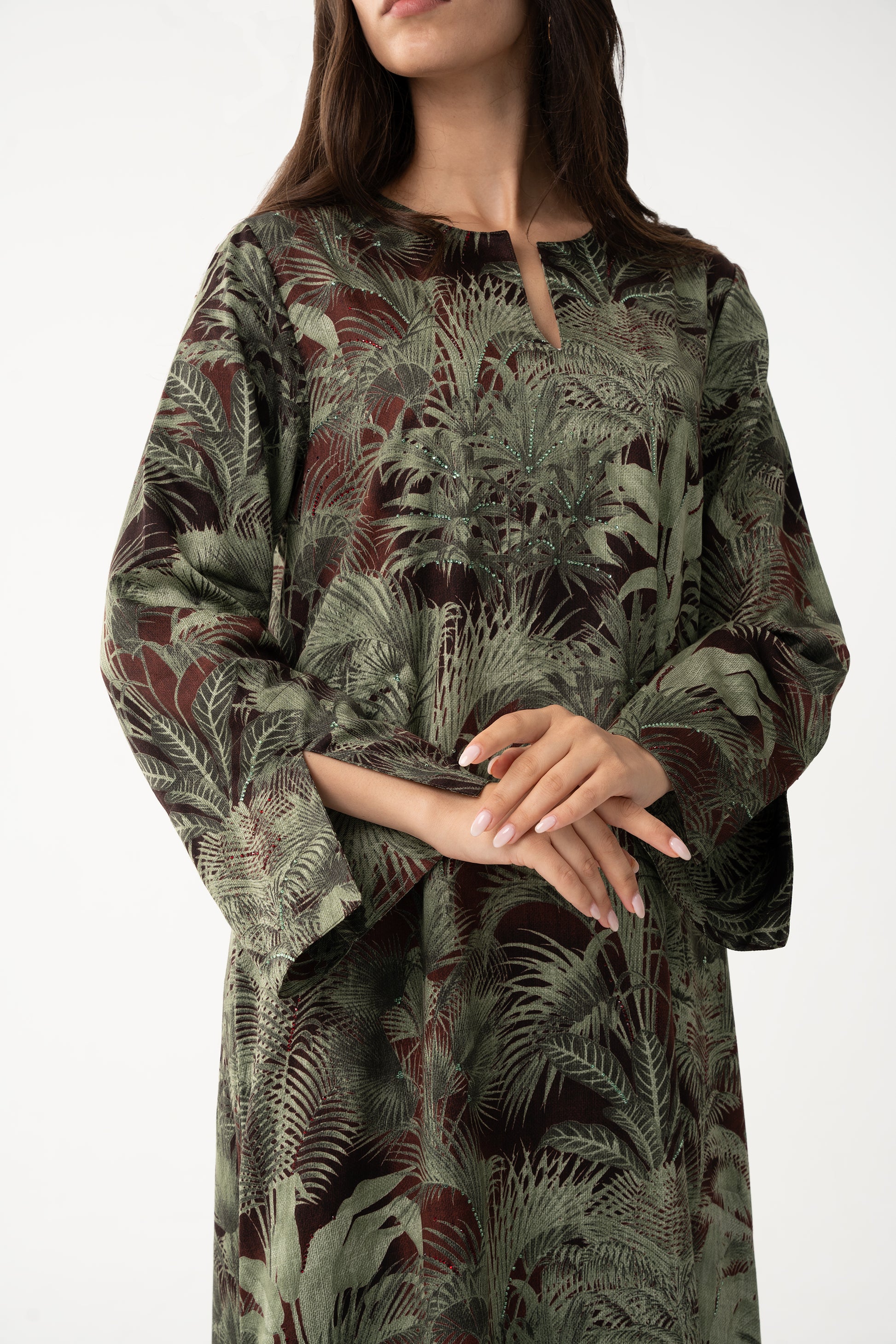 Forest Green with Palm Print Jalabia - House of Caftan