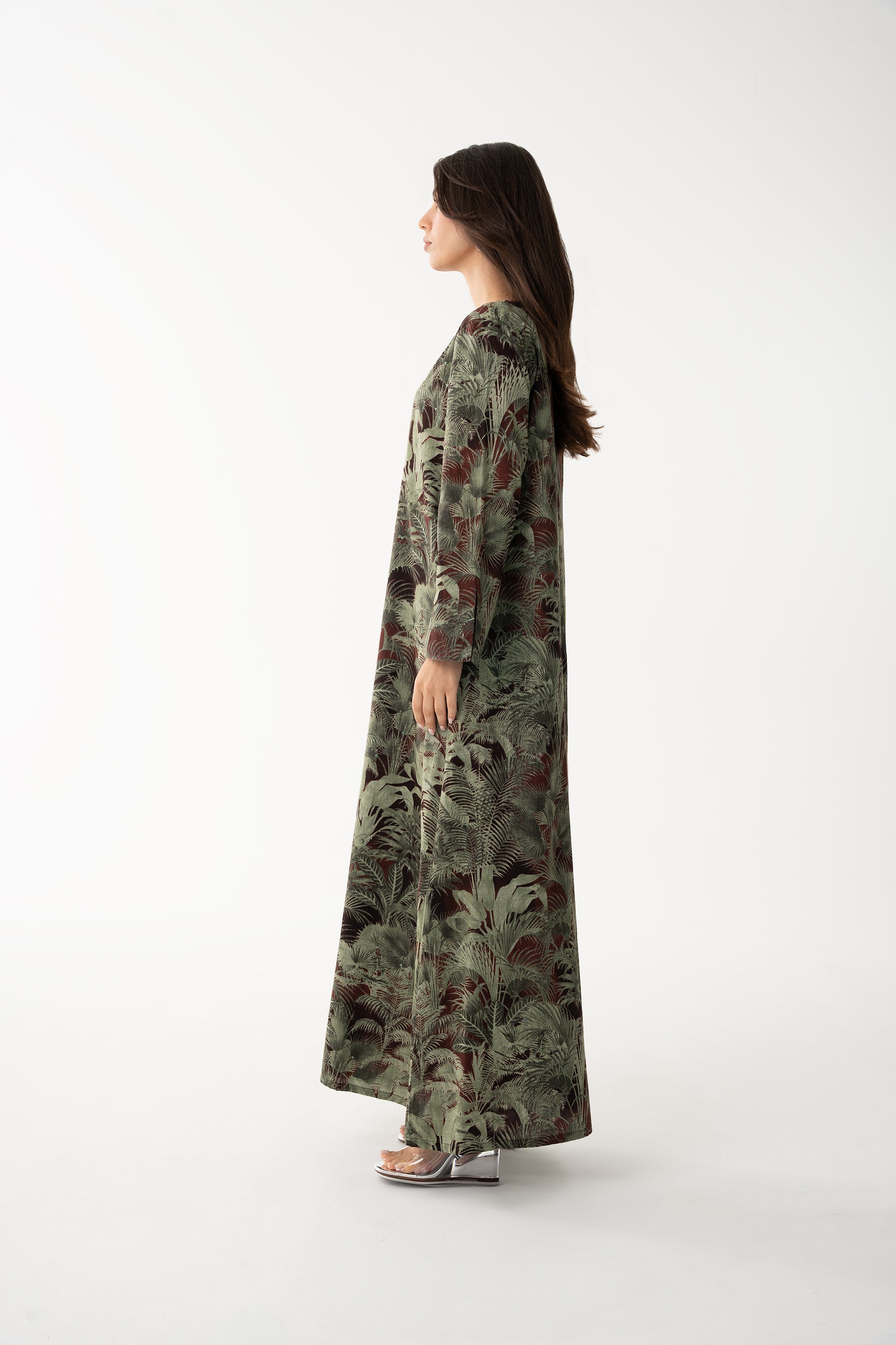 Forest Green with Palm Print Jalabia - House of Caftan
