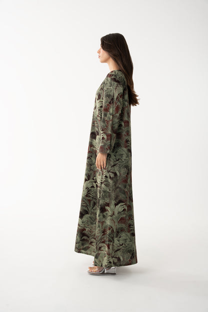 Forest Green with Palm Print Jalabia - House of Caftan