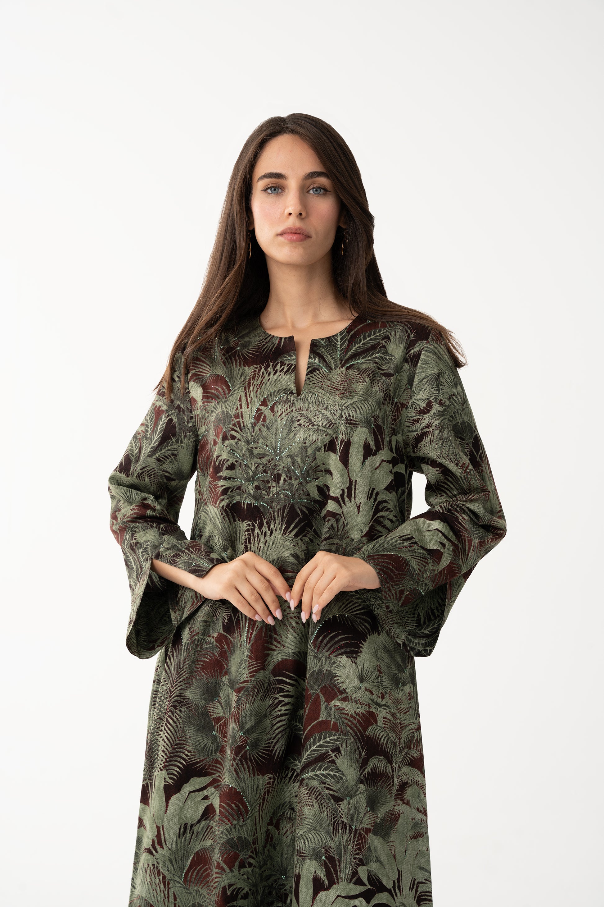 Forest Green with Palm Print Jalabia - House of Caftan
