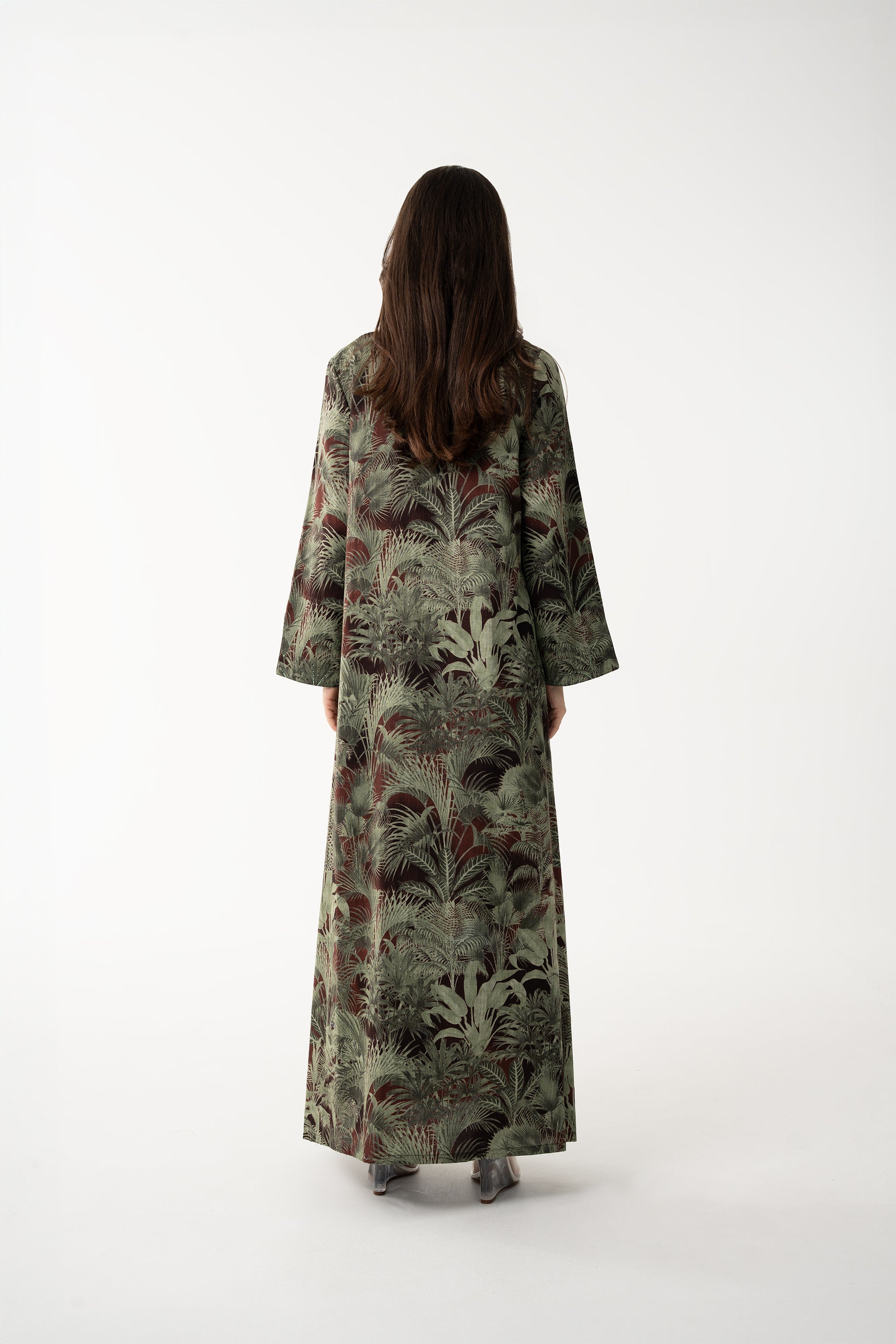 Forest Green with Palm Print Jalabia - House of Caftan