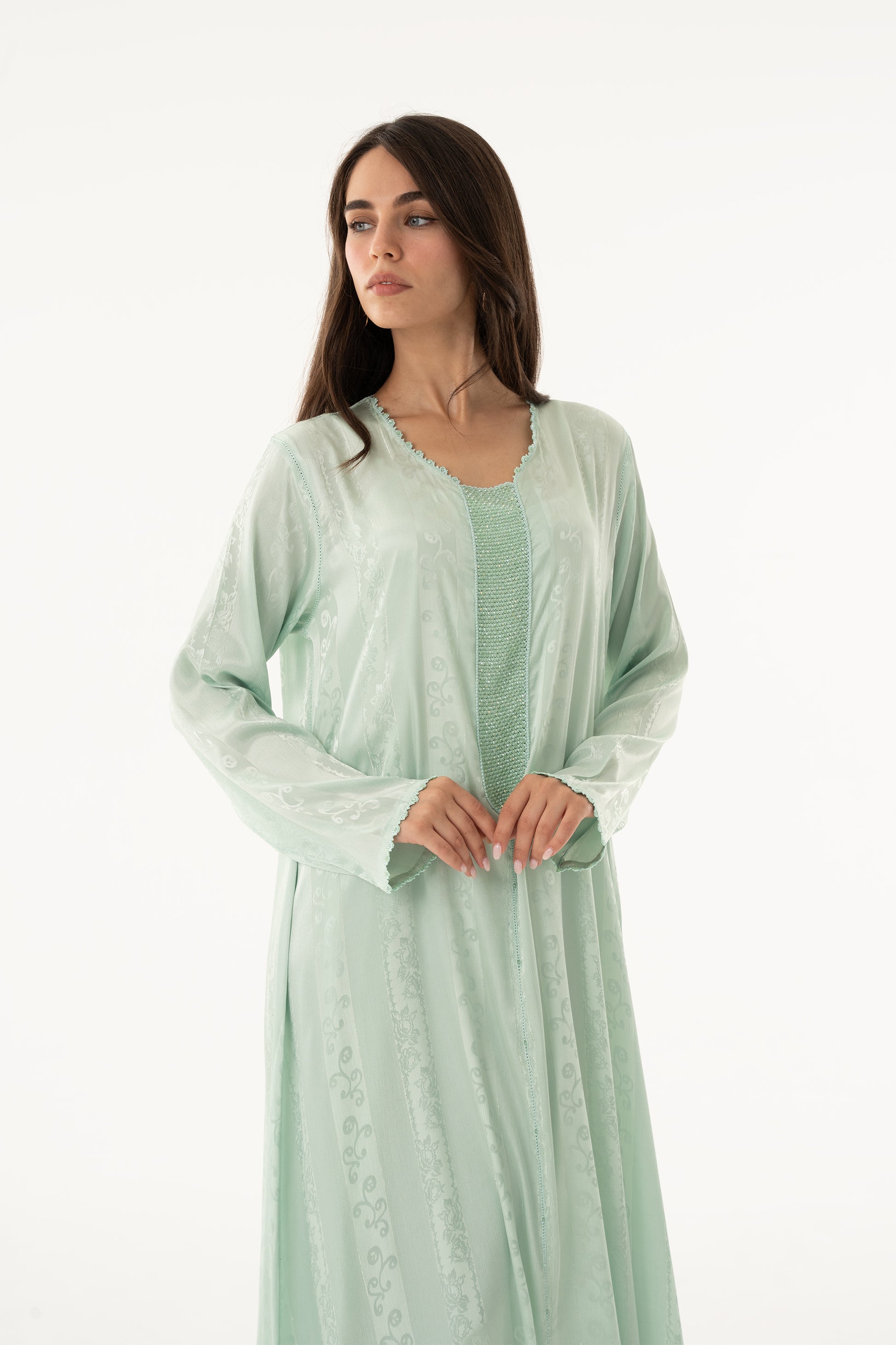 Mint Green Caftan with Mint Green Beads - House of Caftan