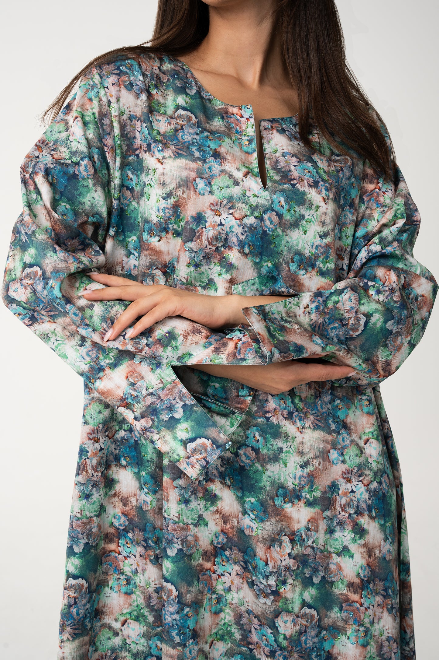 Multicolor Floral Italian Cotton Caftan - House of Caftan