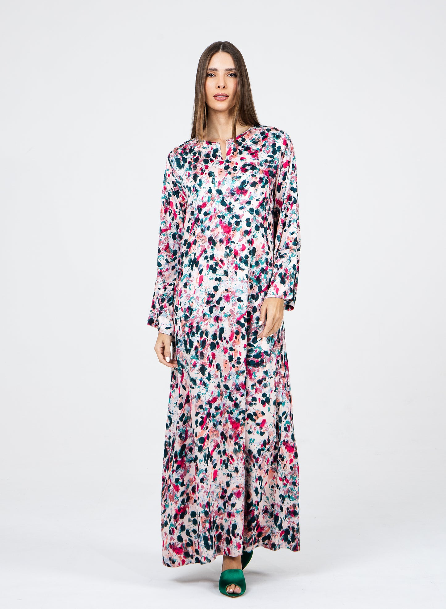 Shades of Paint-Splatter Italian Viscose Caftan with Crystals
