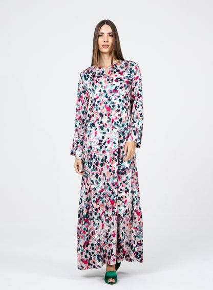 Shades of Paint-Splatter Italian Viscose Caftan with Crystals