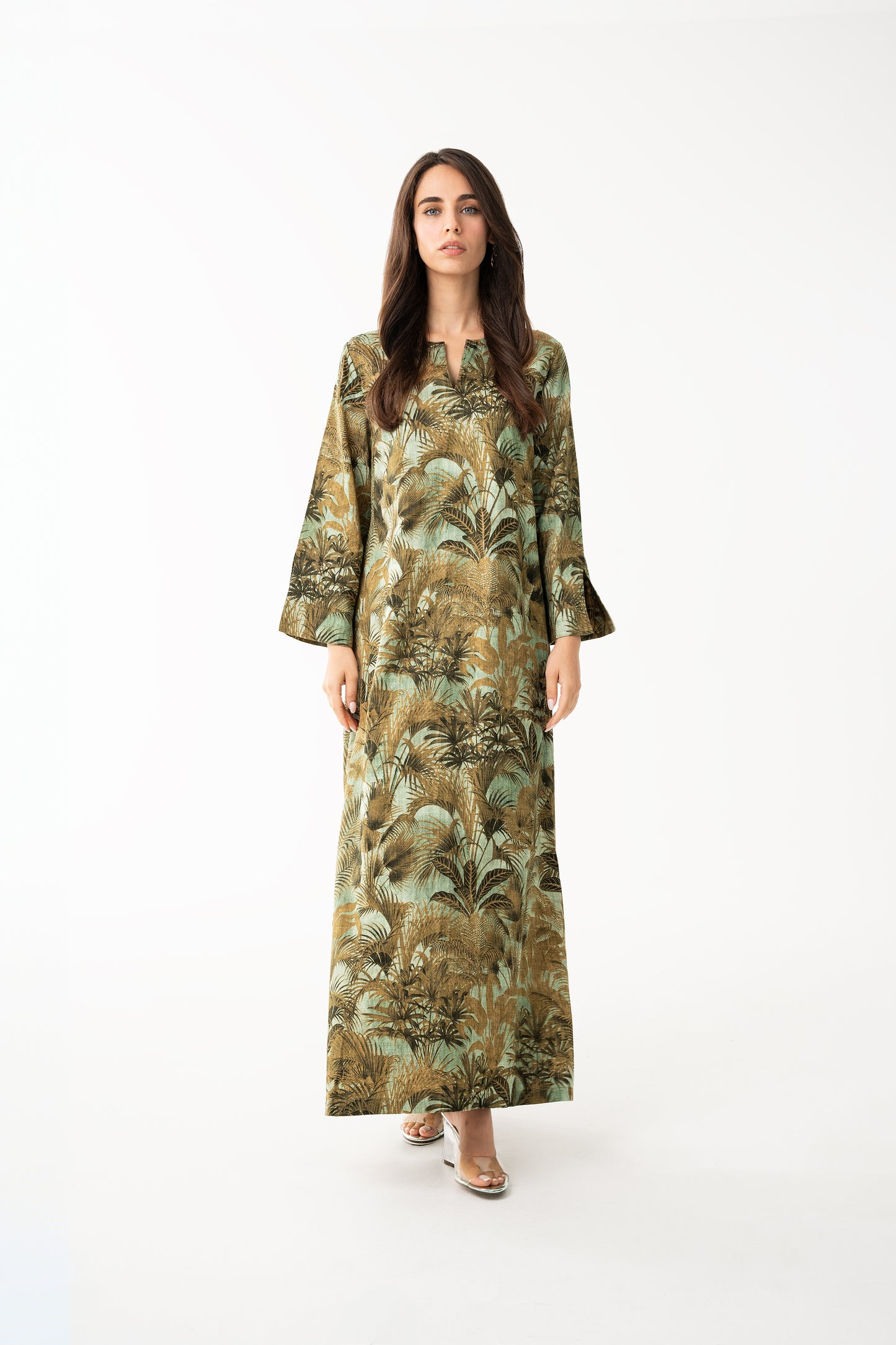 Mustard with Palm Print Caftan - House of Caftan
