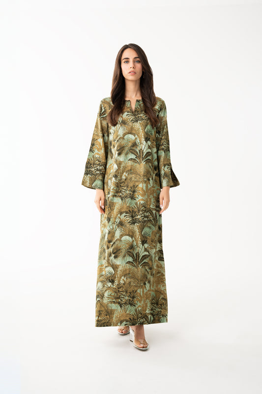 Mustard with Palm Print Caftan - House of Caftan