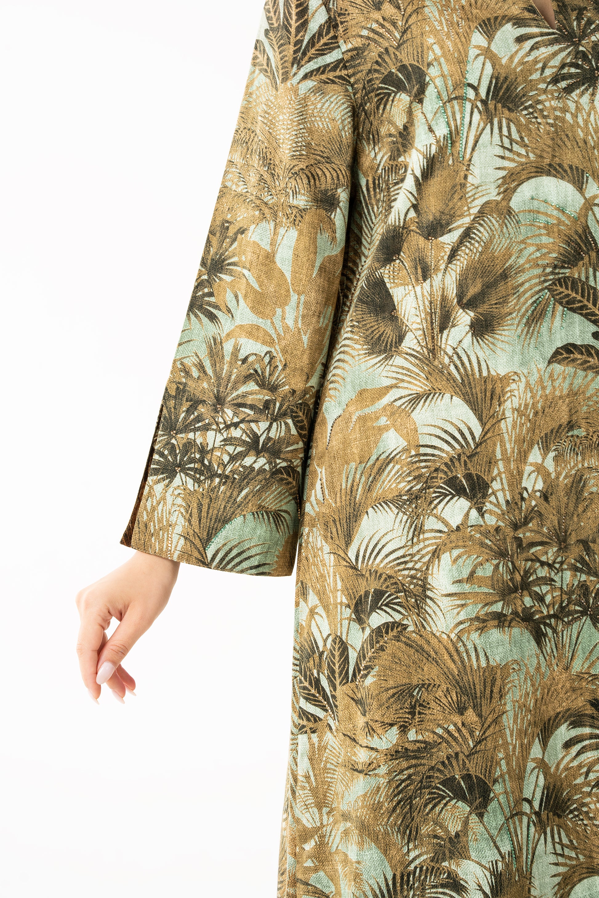 Mustard with Palm Print Caftan - House of Caftan