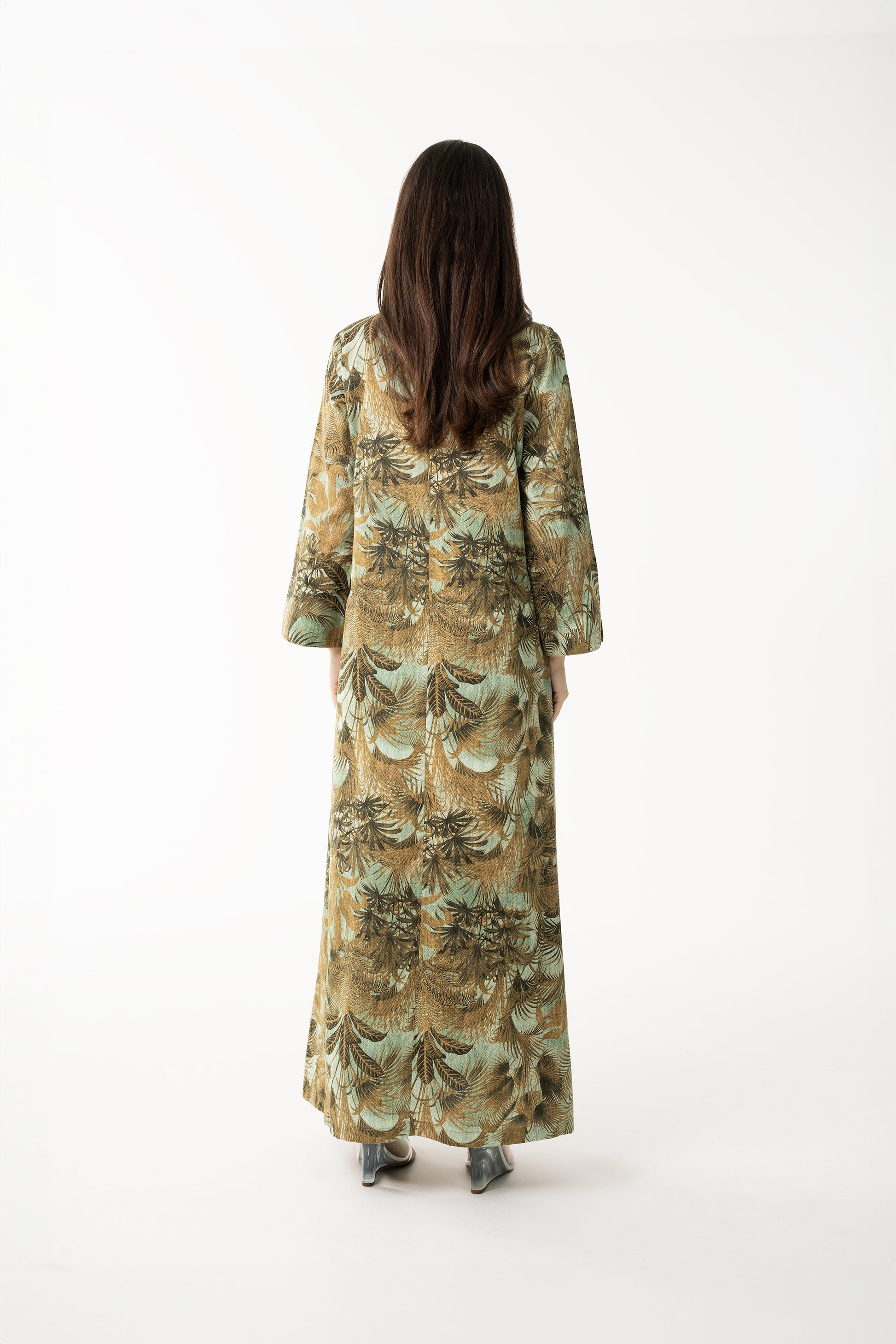 Mustard with Palm Print Caftan - House of Caftan