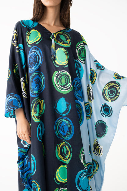 Navy and Aquamarine Color Block Italian Silk Viscose Caftan - House of Caftan