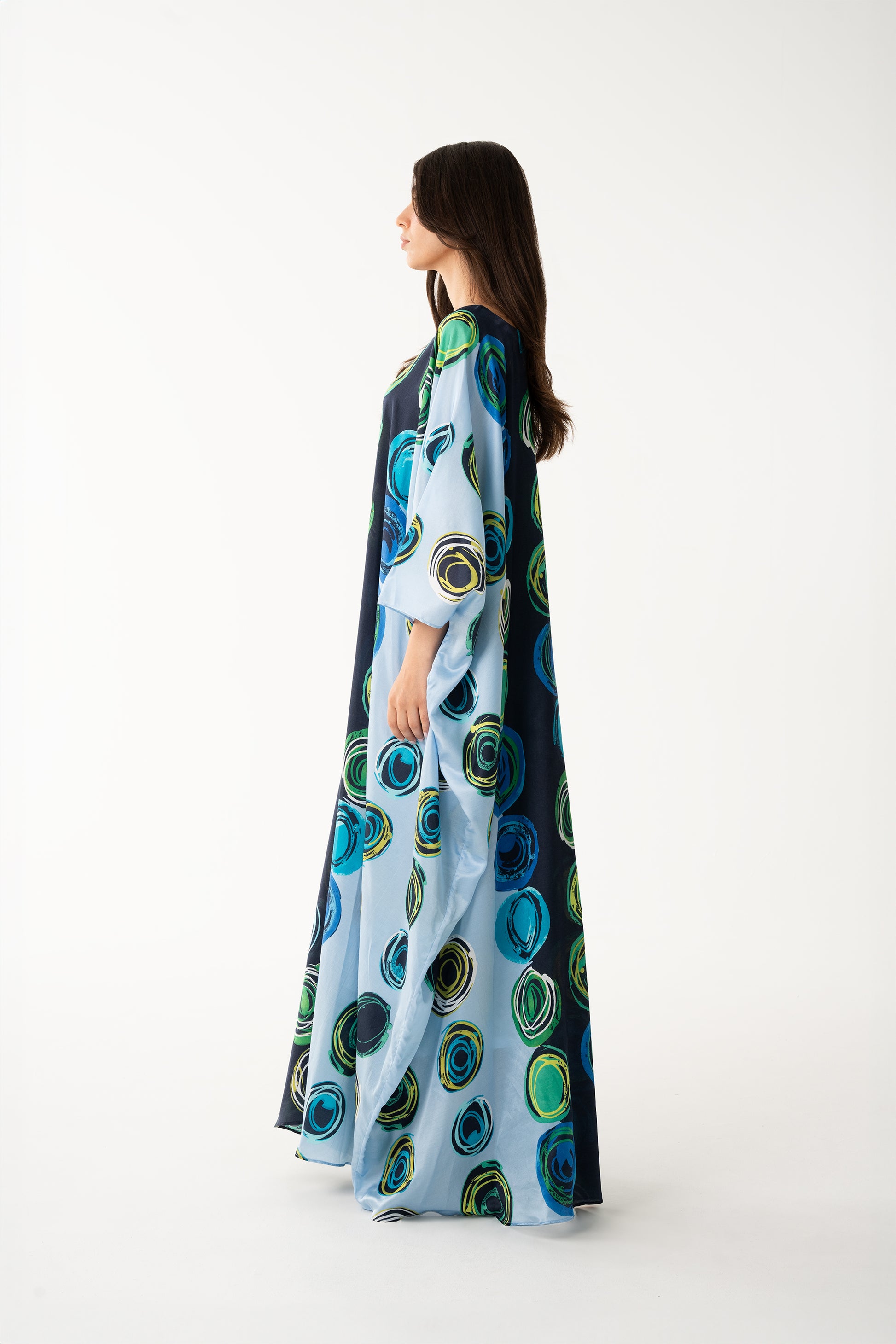 Navy and Aquamarine Color Block Italian Silk Viscose Caftan - House of Caftan
