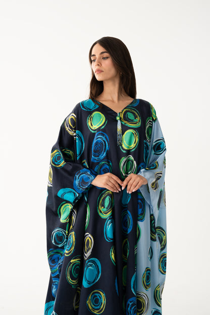 Navy and Aquamarine Color Block Italian Silk Viscose Caftan - House of Caftan