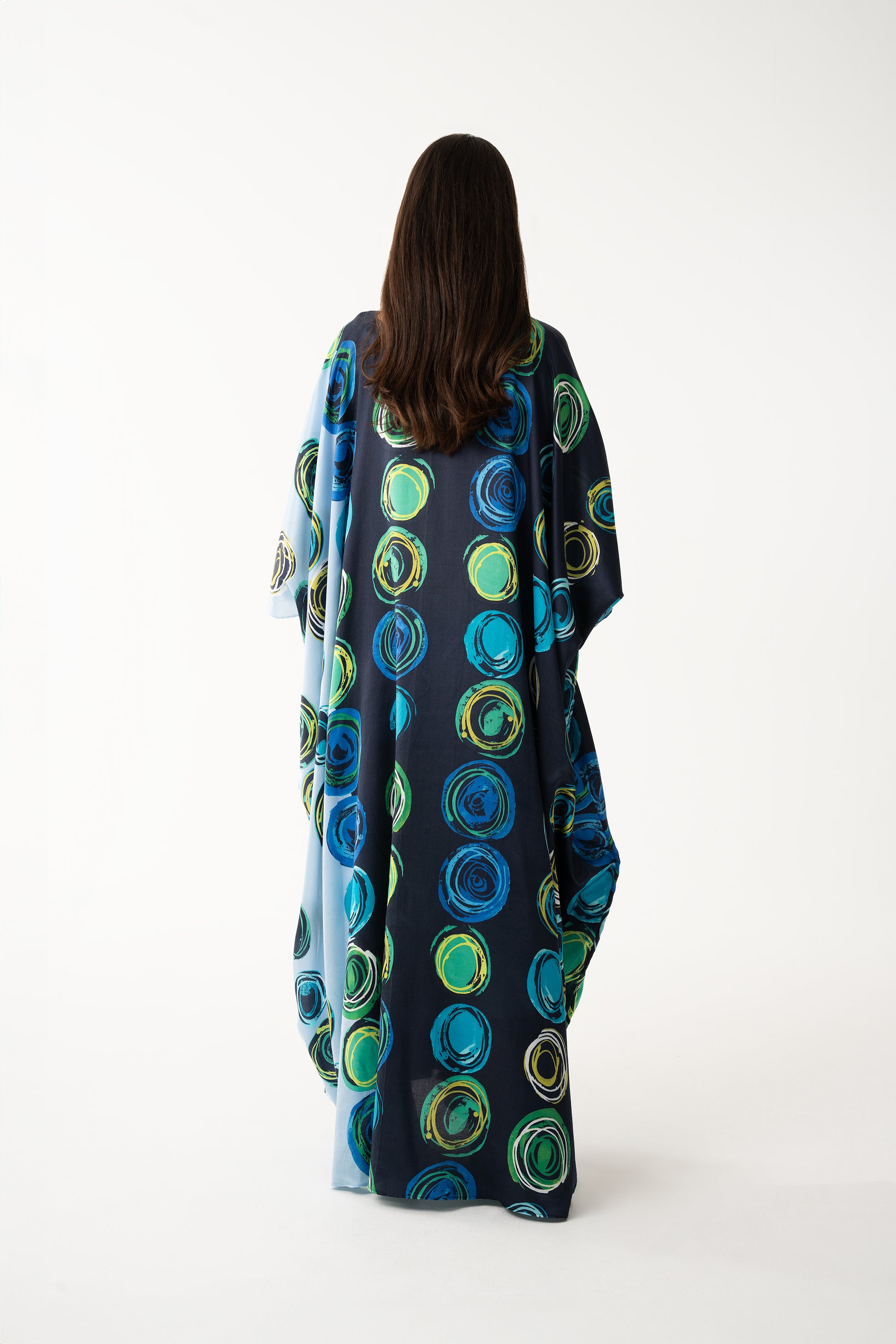 Navy and Aquamarine Color Block Italian Silk Viscose Caftan - House of Caftan