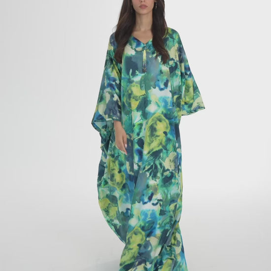 Turquoise Italian Silk Cotton Caftan - House of Caftan
