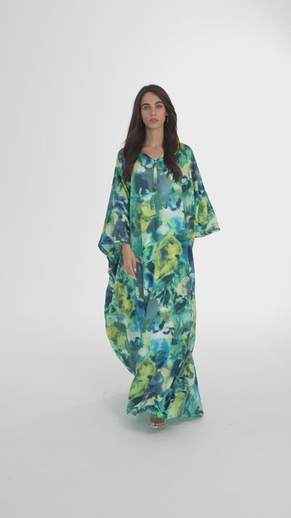 Turquoise Italian Silk Cotton Caftan - House of Caftan