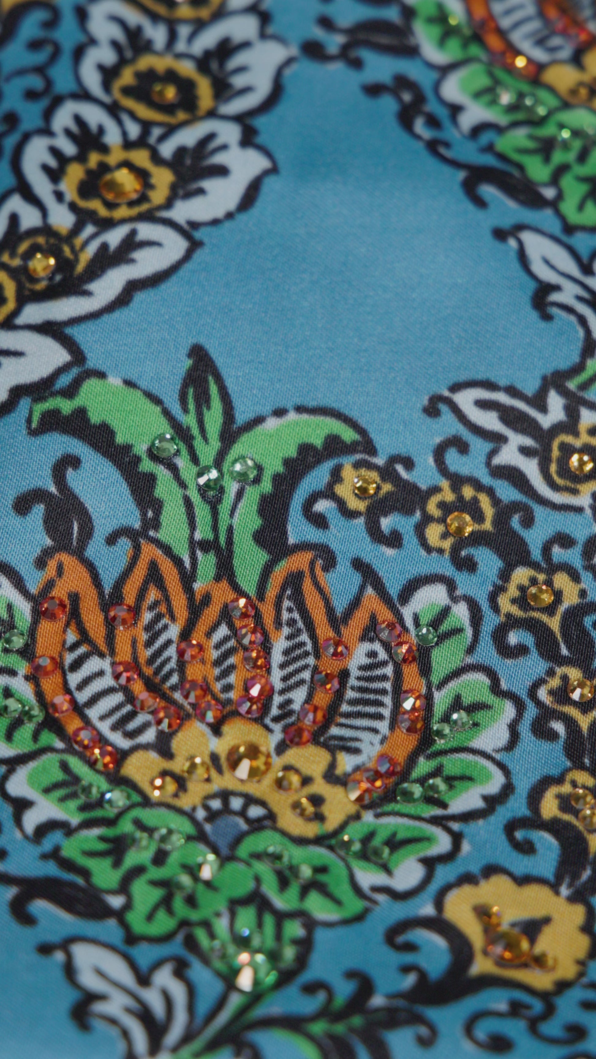 Turquoise Scallop Italian Viscose Satin Caftan with European hotfix - Handmade Limited Edition