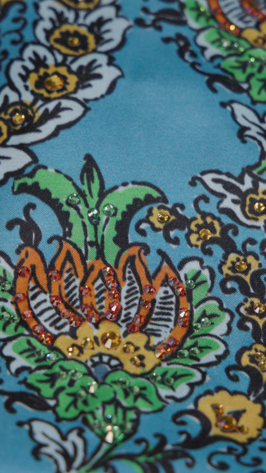 Turquoise Scallop Italian Viscose Satin Caftan with European hotfix - Handmade Limited Edition