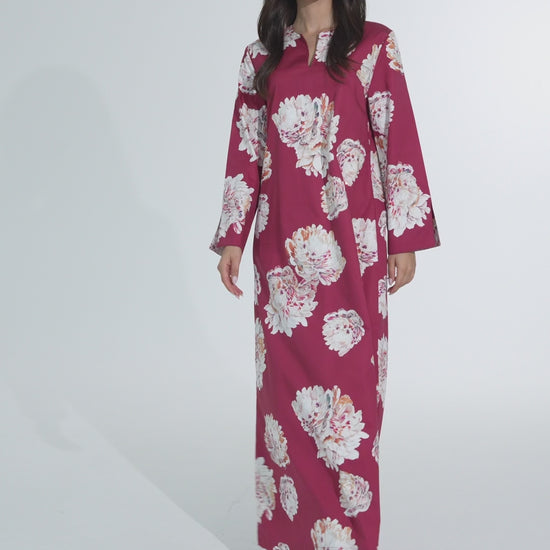 Garnet with White Floral Italian Cotton Caftan - House of Caftan